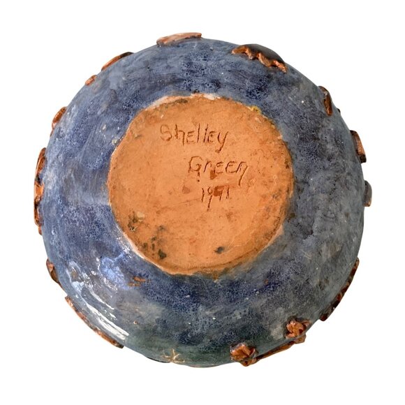 Whimsical Naive Blue Pottery Bowl Faces Mouse Rabbit Tree Balloons Sun And Moon - Picture 6 of 10